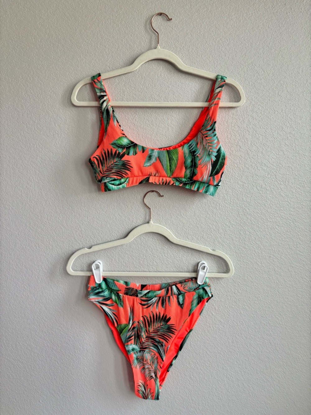 Pink Lily Neon Orange Coral Tropical Leaf Bikini with High Rise Bottoms